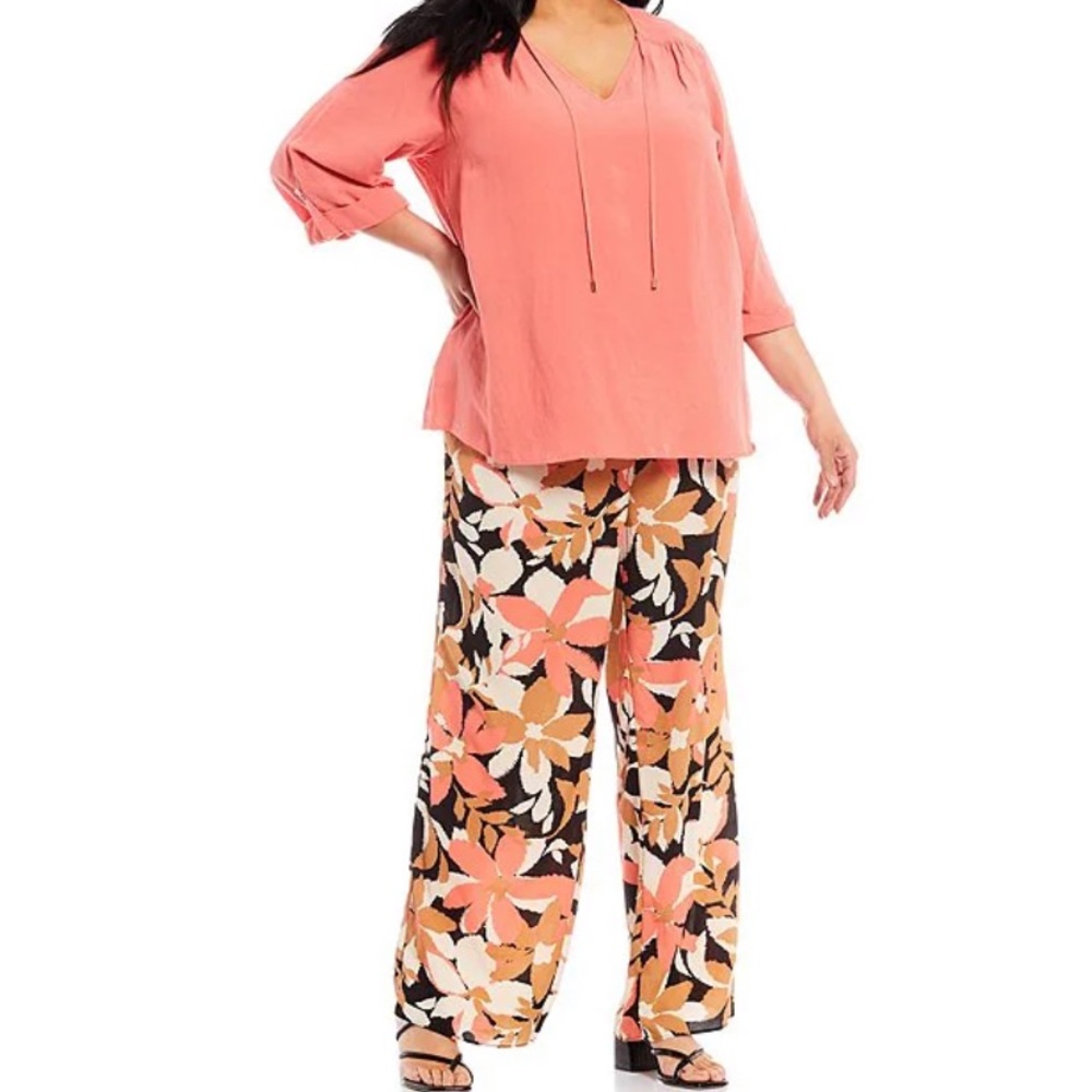 Calvin Klein Floral Crepe de Chine Wide-Leg Pants